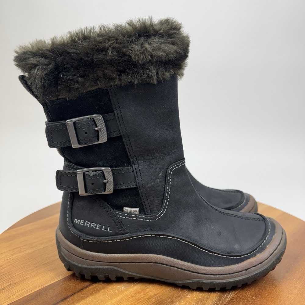 Womens Merrell Decora Chant Black Leather Mid Waterproof Faux Fur Boots Size 6 M